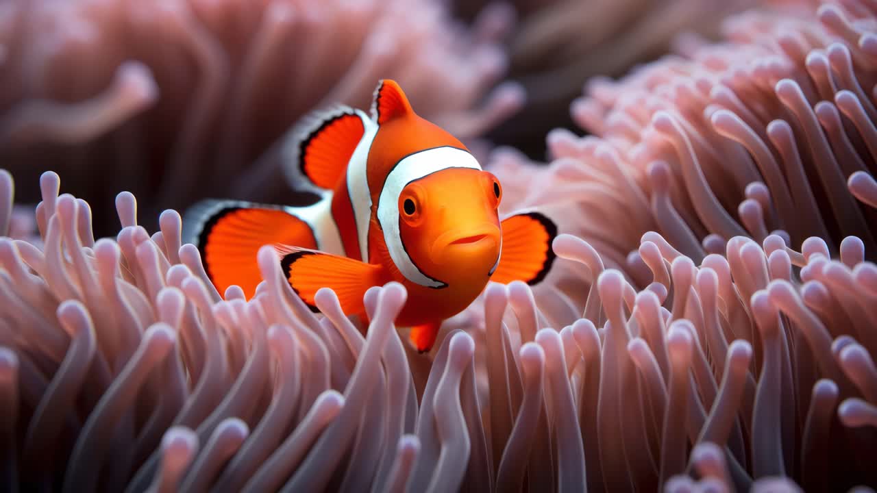 Primo piano video di un vivace pesce pagliaccio che nuota tra coralli molli