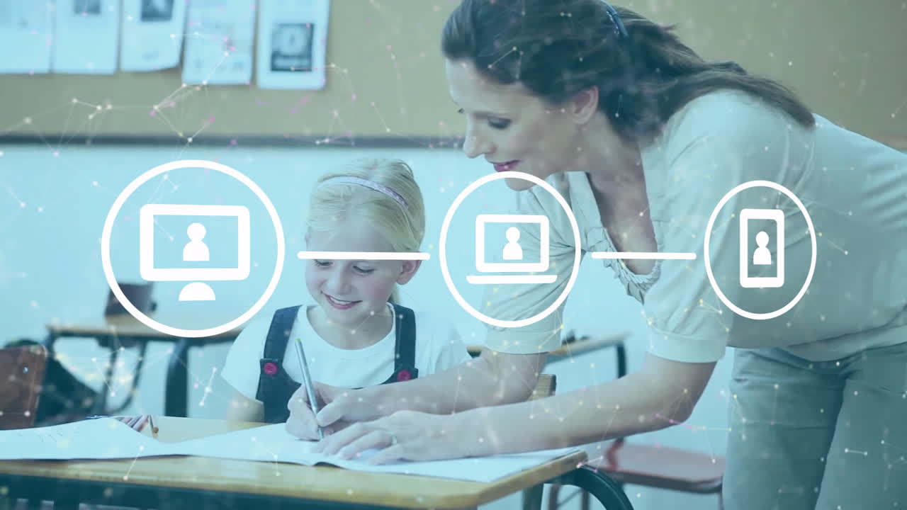 animación de redes de iconos sobre diversos escolares y maestras en el aula