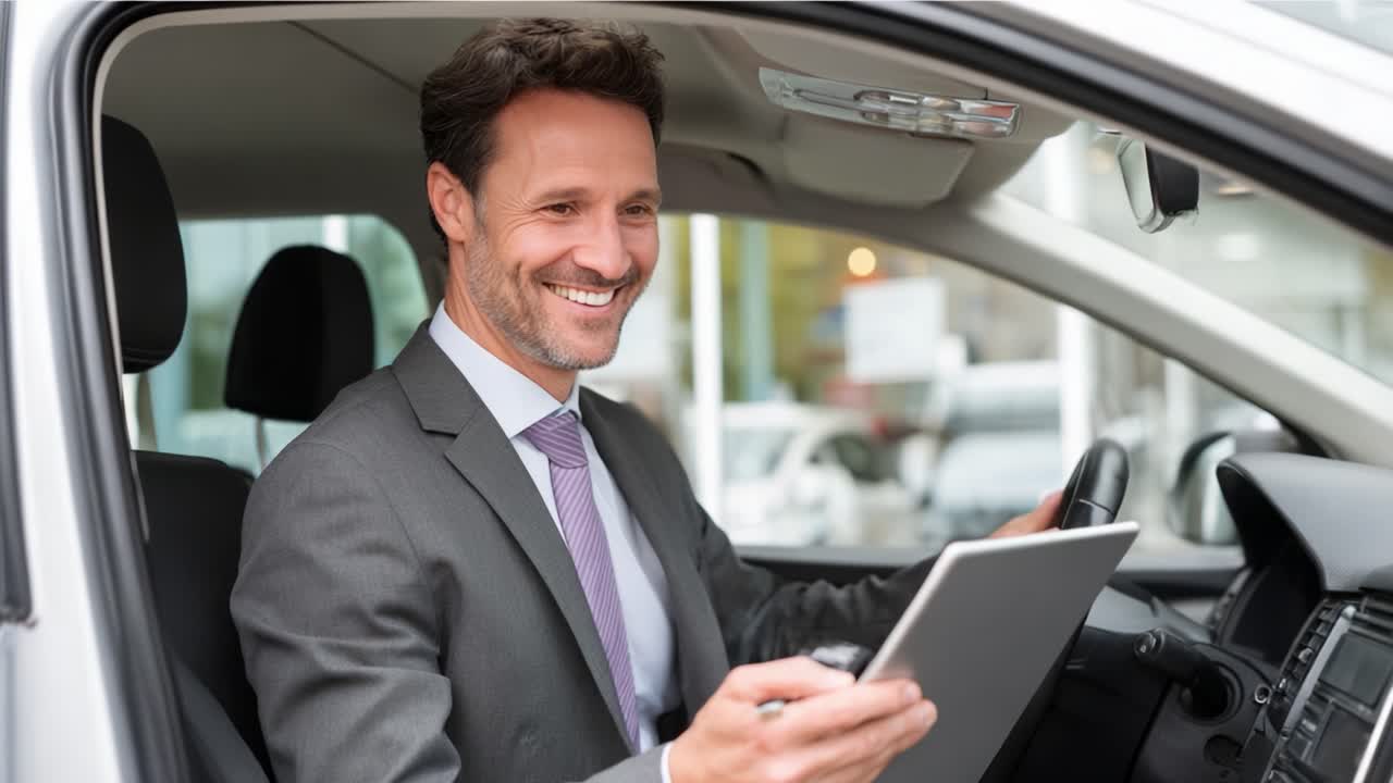 Smiling Businessman in a Suit Engaged with a Tablet Inside a Car, Representing Modern Technology and Professionalism in Daily Commute and Work Environment