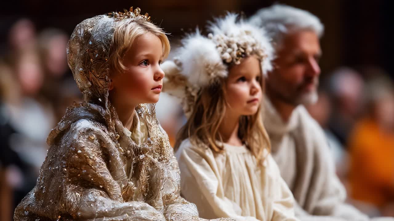 Captivating Moment of Innocence: Two Young Children Dressed in Elegant, Magical Costumes Attentively Watching a Majestic Performance in a Grand Hall Filled with Amused Audiences
