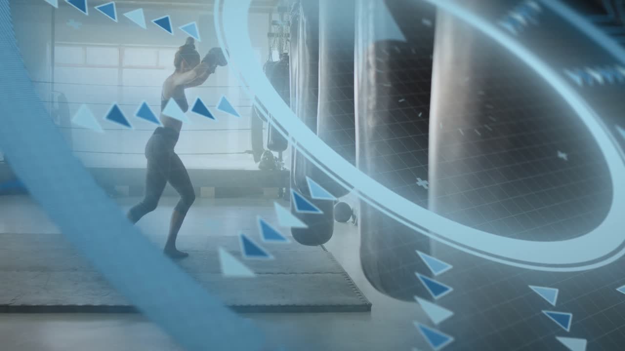 Approaching bags woman doing jabs, shifting feet as blue overlay sweeping obscuring them for boxing