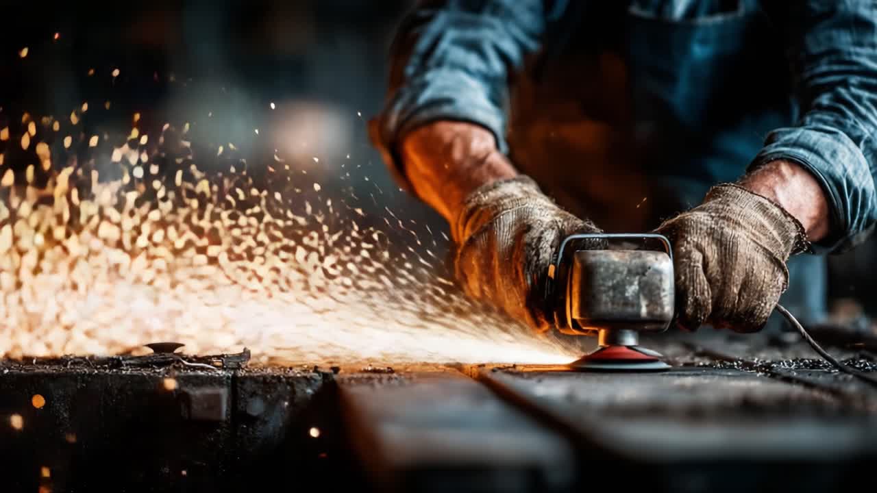 A Skilled Craftsman Uses a Power Tool, Generating Sparks and Demonstrating Precision in Metalwork, Capturing the Essence of Labor and Artistry in Action