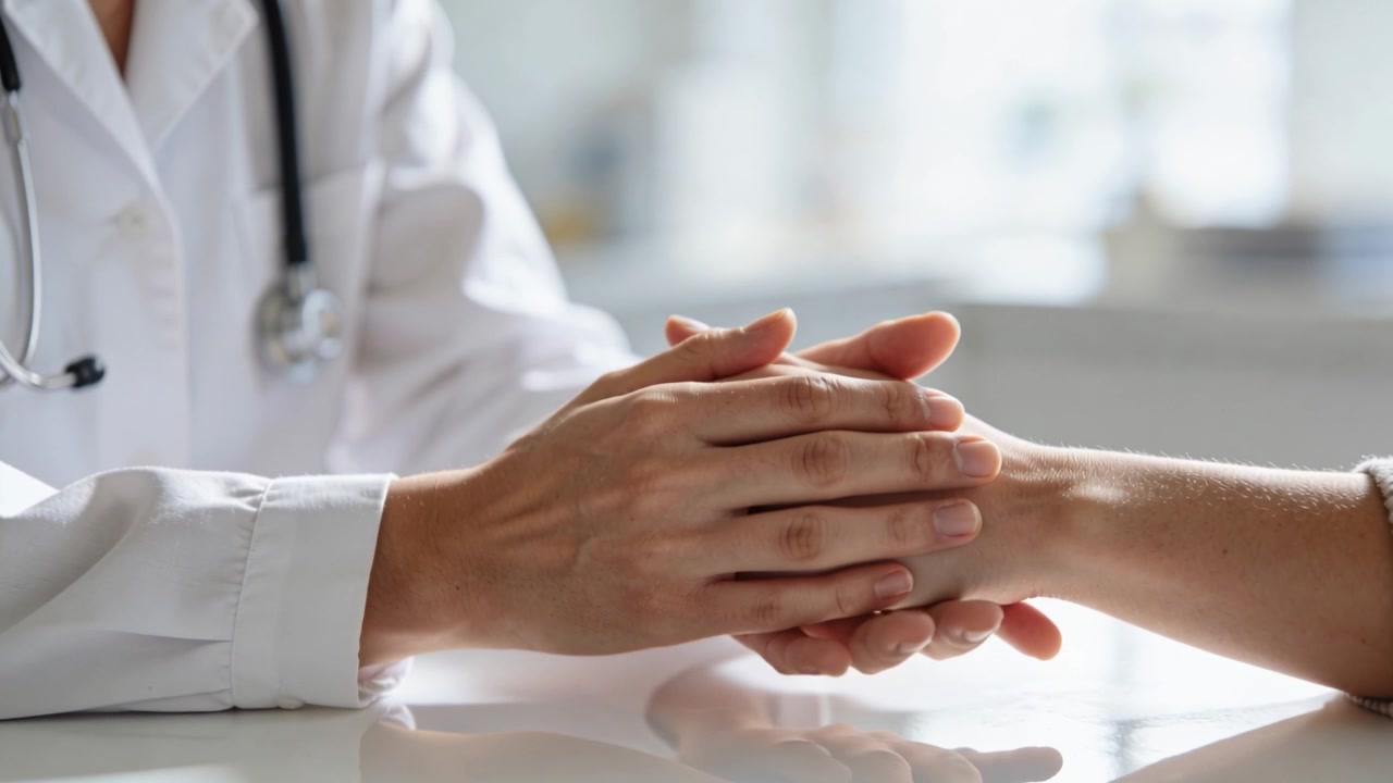 Mani di medico che tengono la mano del paziente su una scrivania lucida di clinica, rassicuranti, con camice bianco e stetoscopio.