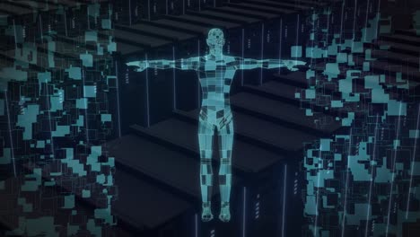 animation of shapes and digital human over server room