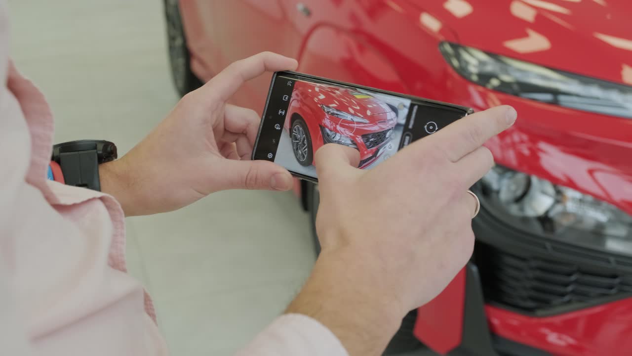 el gerente del concesionario toma fotos de un coche nuevo para la venta. sala de exhibición de coches nuevos de prestigio.