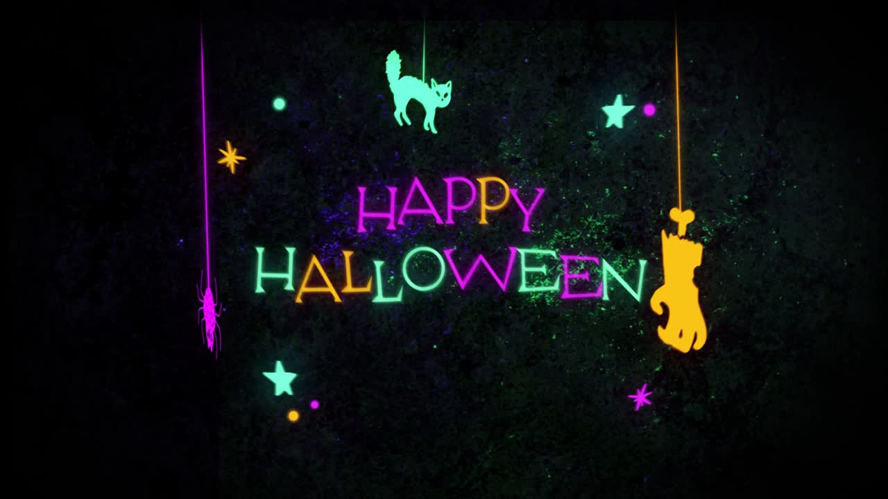 검은 바탕에 고양이, 거미, 좀비에 대한 행복한 할로윈 텍스트 장식
