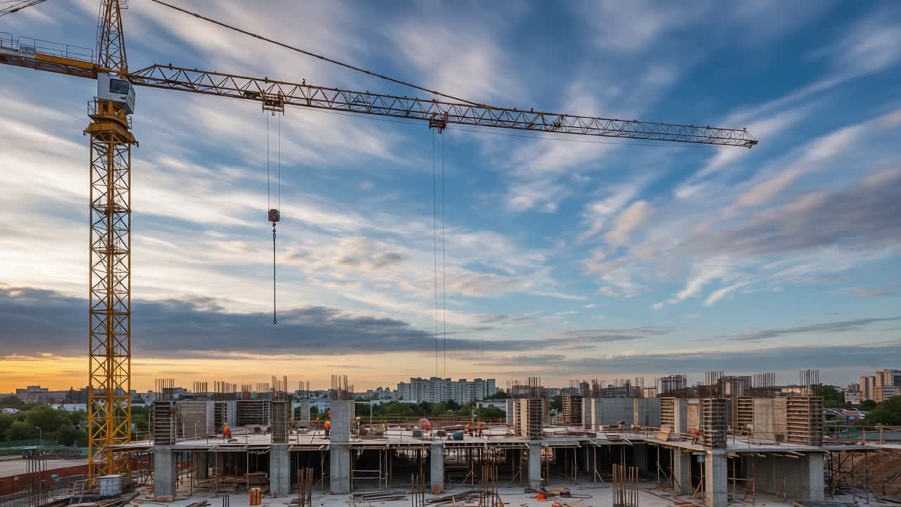 Construction Progress at Sunset: A Tower Crane Overseeing the Development of a New Building Project with Dynamic Skies and a Growing Cityscape