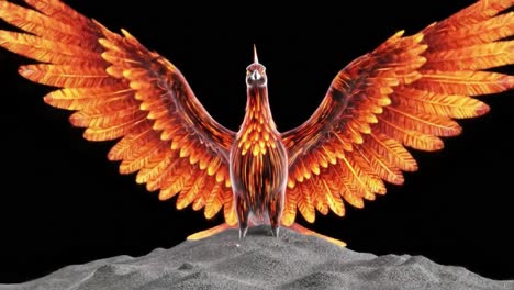 a magnificent phoenix showcases its brilliantly colored wings, glowing with fiery hues. this striking creature stands on a rocky surface, embodying strength and resilience against a dark backdrop.