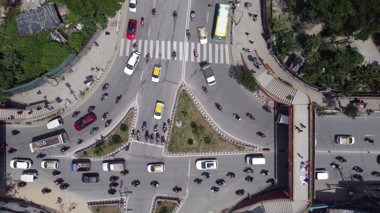 An aerial view of the traffic at an intersection in the Asian city of Kathmandu, Nepal