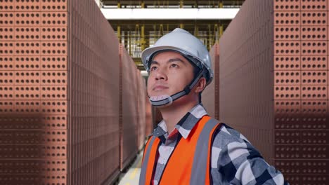 close up side view of asian male engineer wearing safety helmet looking around while standing with arms akimbo with red brick packed in stacks are stored