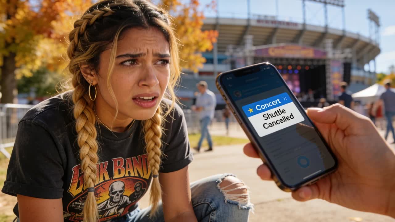 Reacting braided teen in tee crying while pal holding phone showing Shuttle Canceled at concert