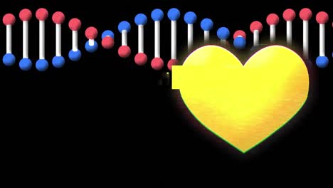 노란색 심장 아이콘과 검은색 배경에 회전하는 dna 구조