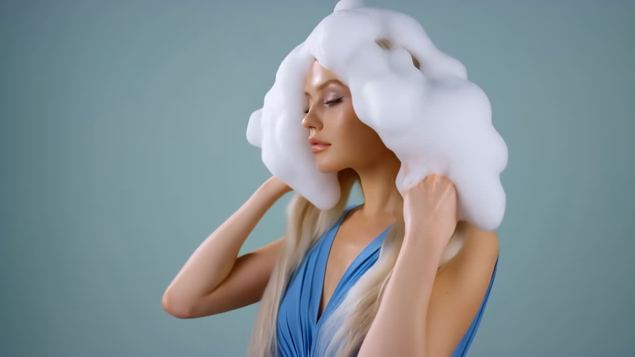 Woman with blonde hair covered in rich foam for hair care