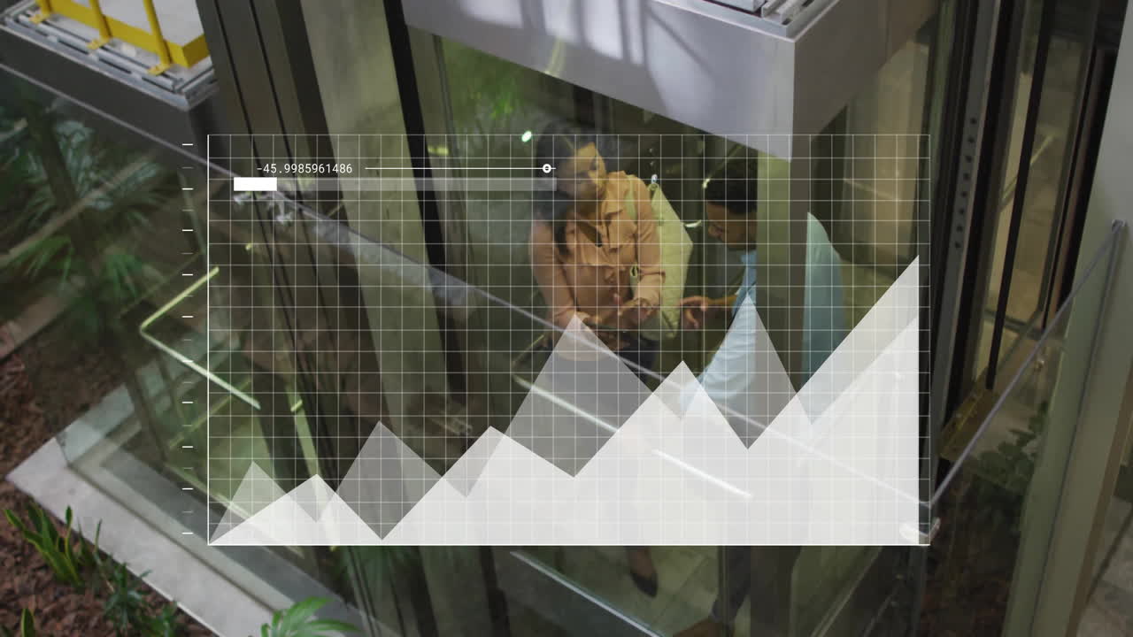 Animation of financial data processing over diverse business people in office