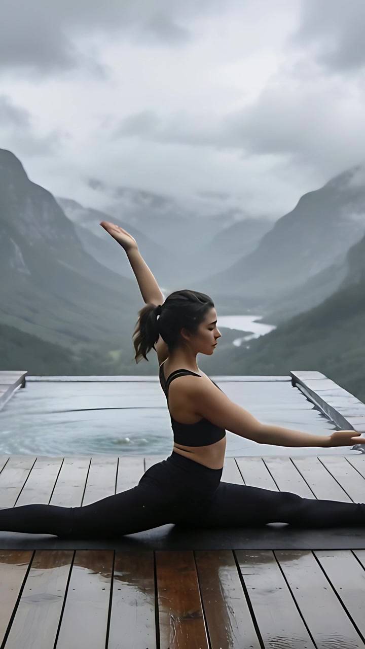 Video verticale: Donna in reggiseno nero che inizia uno split praticando yoga su un ponte bagnato vicino a una piscina a sfioro.