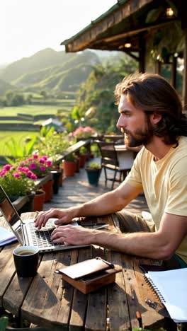 digital nomad works with his laptop on a wooden table on a sunny terrace