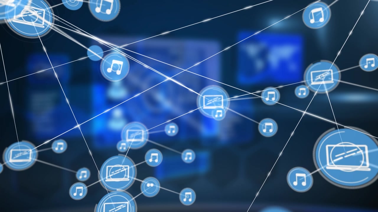 Connessione di rete digitale con laptop e icone musicali.