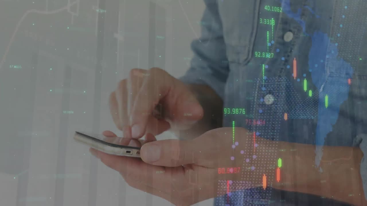 animación del procesamiento de estadísticas sobre un empresario que usa un teléfono inteligente