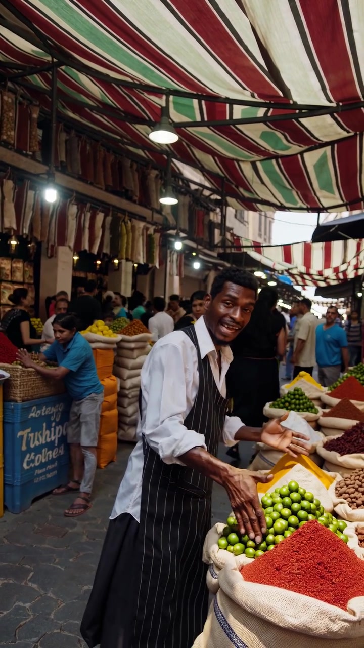 Friendly Spice Merchant Selling Spices at a Bustling Traditional Market