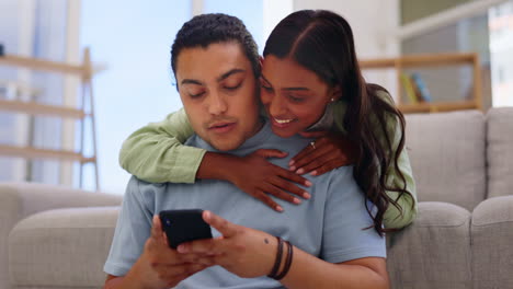 Happy-couple,-love-and-hug-with-cellphone