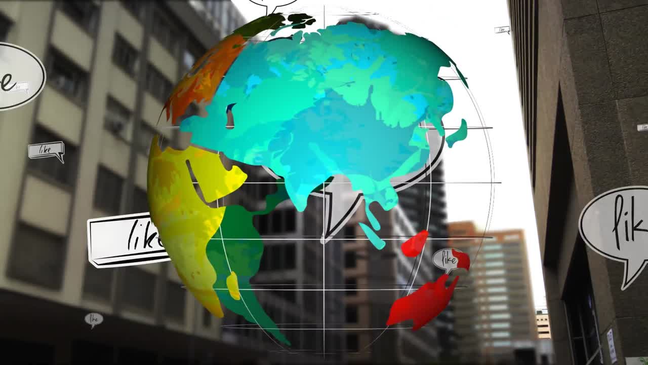 globo giratorio y como texto en múltiples burbujas de habla flotando contra edificios altos