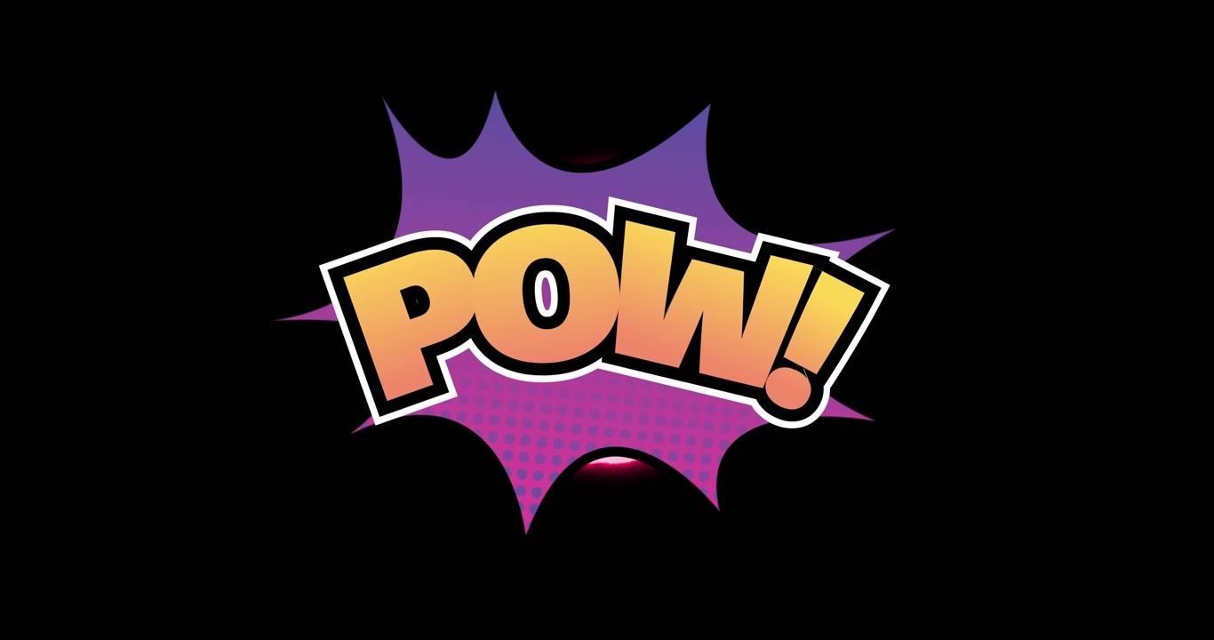 Hoạt ảnh văn bản "pow" trên các vòng tròn neon trên nền đen.