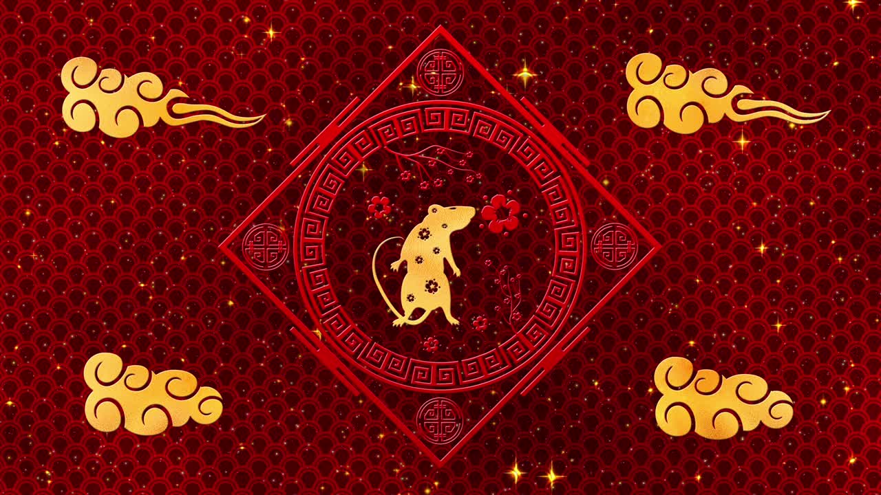 fondo de año nuevo chino rojo con oro, rata, fuegos artificiales, 3d rendering bucle 4k. mágica feliz año nuevo animación