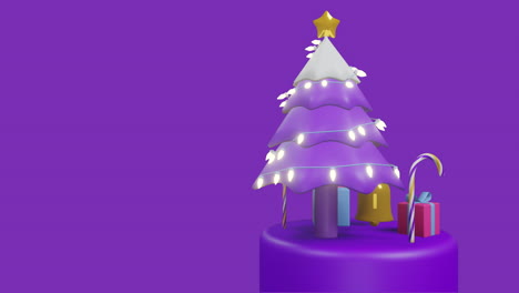 Animación-De-Campana,-Palos,-Cajas-De-Regalo-Con-Luces-Y-Estrella-En-Un-árbol-Sobre-Fondo-Morado