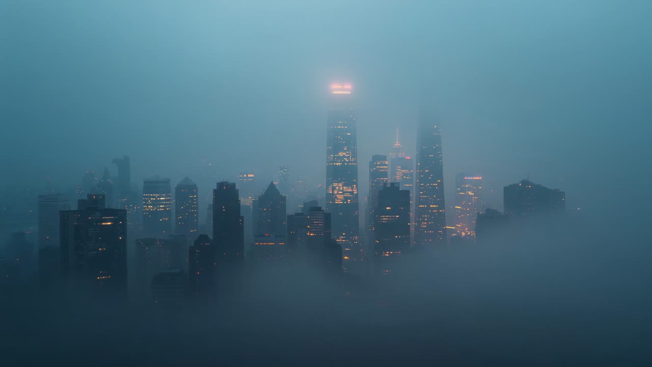 Fog drifting over city skyline, revealing illuminated windows and glowing rooftop signage