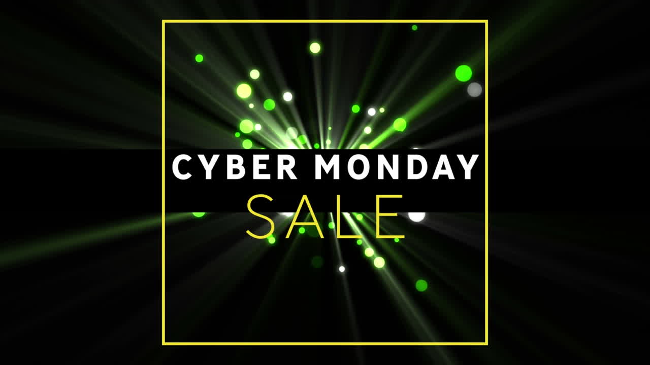 사이버 월요일 판매 텍스트 배너의 디지털 애니메이션 검은 바탕에 빛의 초록색 반점에 대해