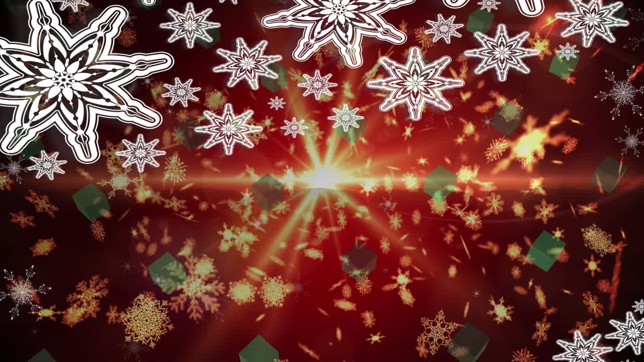 animación de haz de luz iluminado y copos de nieve en movimiento y cajas de regalos de navidad