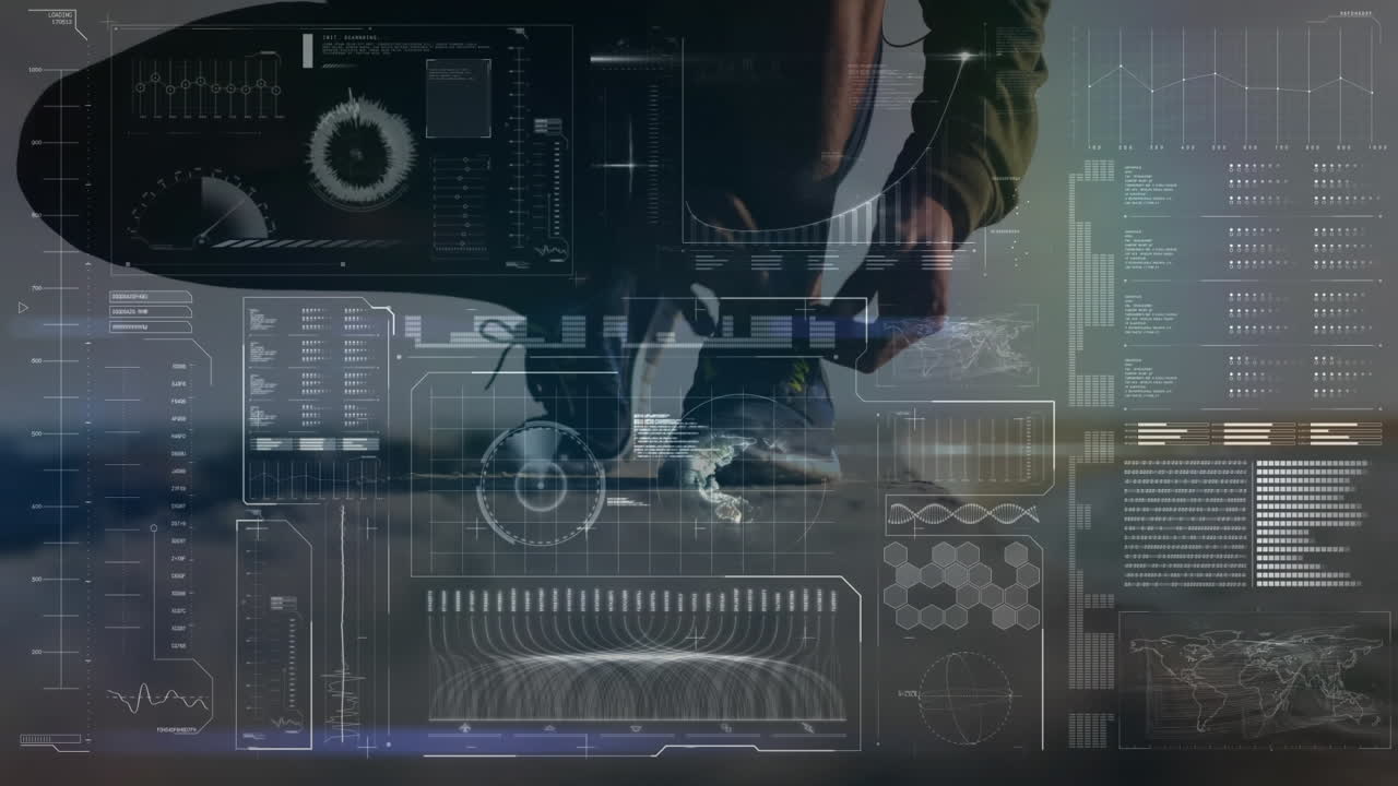 해변에서 달리는 적합한 사람에 대한 데이터 처리 애니메이션