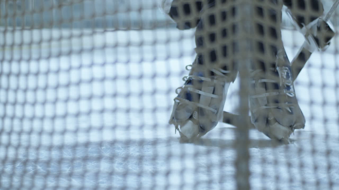 경기 1 중 알아볼 수 없는 아이스하키 골키퍼 방어망의 뒷모습