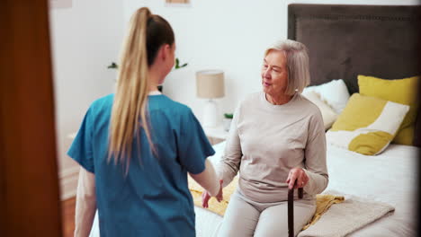 senior, woman or caregiver with walking stick