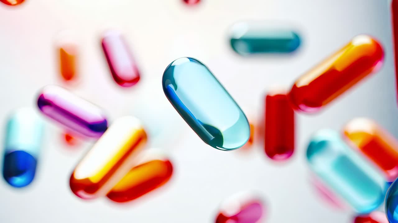 Vibrant capsules floating in mid-air, captured from a low-angle