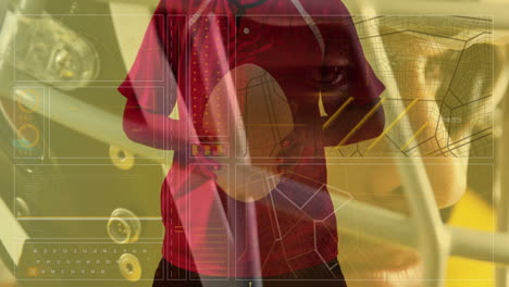 wearing red shirt, person interacting with digital animation in school setting