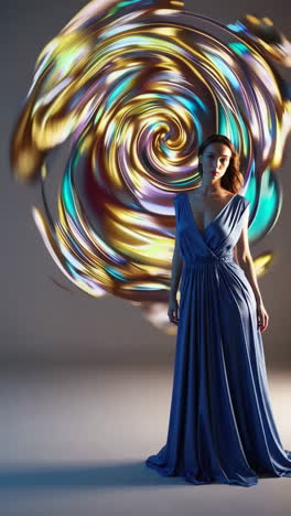 woman in blue dress with abstract swirl background