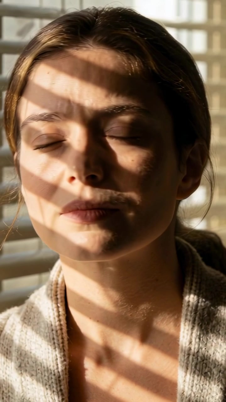 Vertical video: Tilting head, striped light shifting, woman closing eyes, basking by blinds in robe