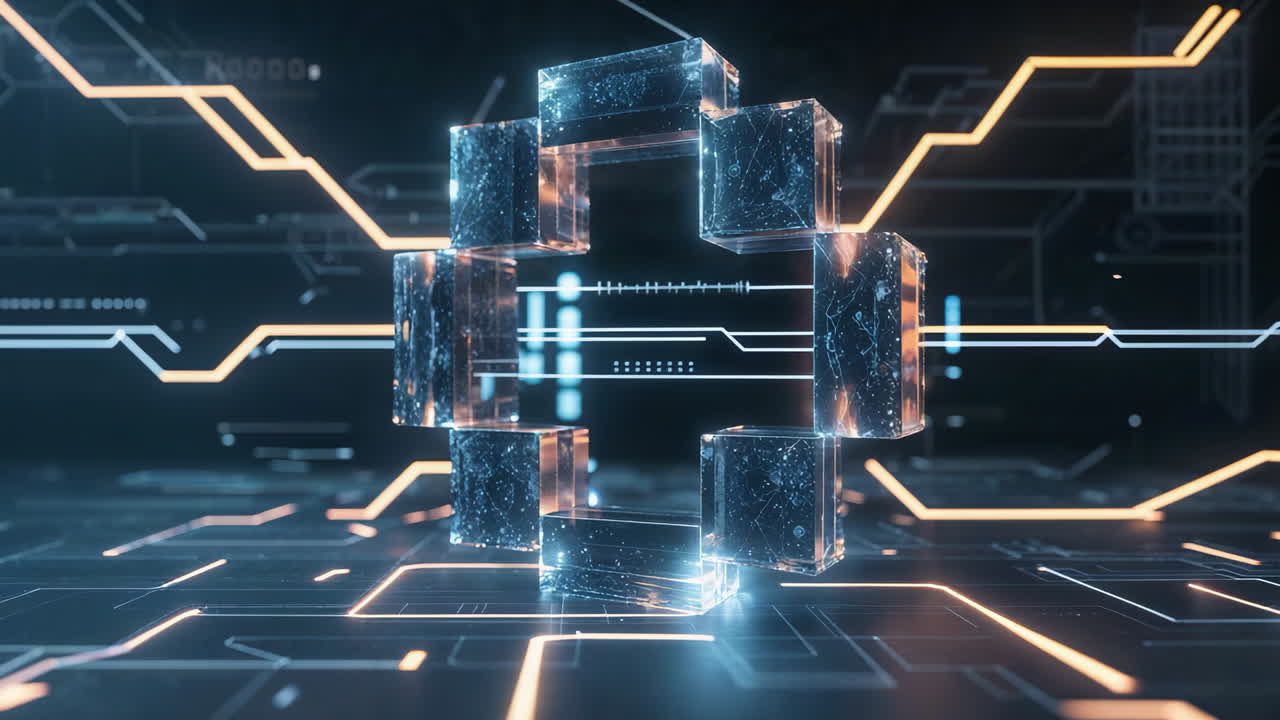 Abstract Digital Technology Network with Glowing Circuits and Geometric Cubes