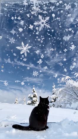 black cat watching snowflakes in winter landscape