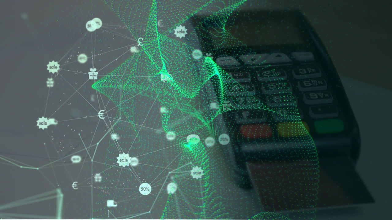 Animation of icons forming globe with green abstract pattern over card reader on table