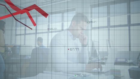 in office, business professionals working at desks with red downward trend animation