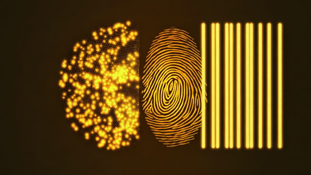 Futuristic biometric scanning animation showing a glowing golden fingerprint being analyzed. Alongside a digital representation and an evolving barcode for secure identification and data verification
