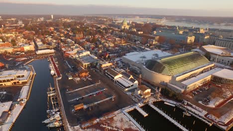 aerial ultra wide of historic annapolis during sunrise with maryland state capital us naval academy campus