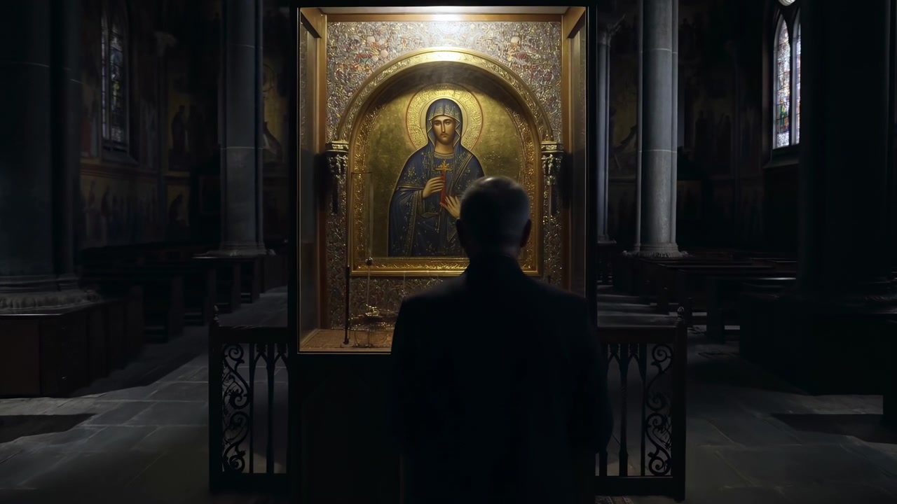 Sagoma di un fedele in una cattedrale con icona dorata, morbida luce dorata sul volto dell'icona, alti riflessi di vetrate colorate.