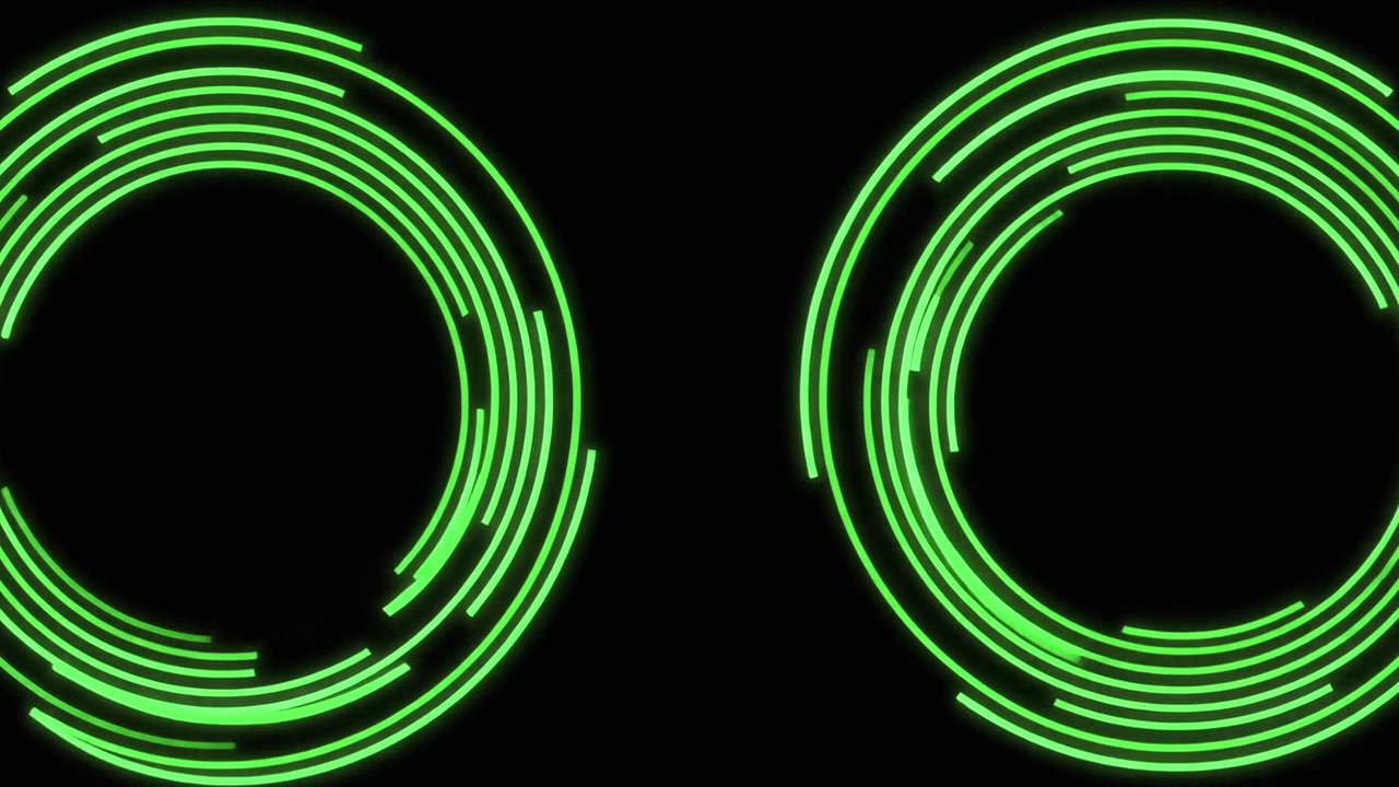 Abstract Animation of Rotating Green Neon Circles on Black Background