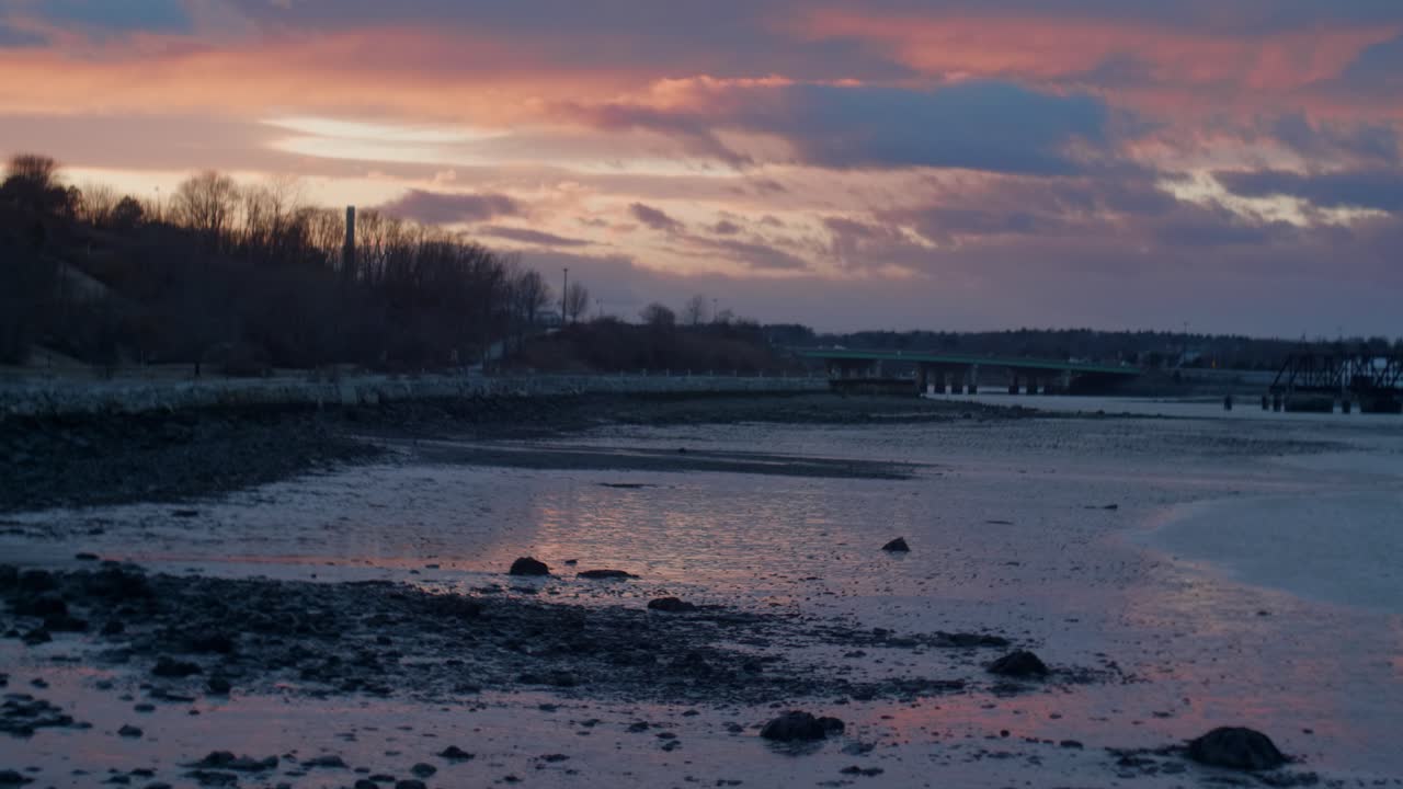 Scenic Sunset Landscape Of Portland Coastline In Maine, United States. Static Shot