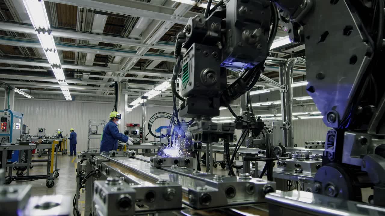 Wide-angle video of a modern factory floor with workers in blue uniforms and helmets