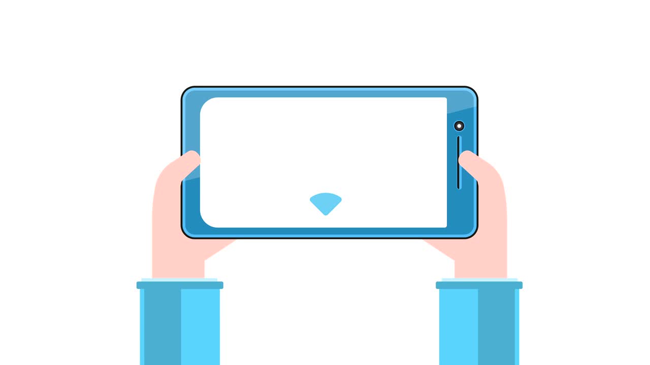 색 바탕에 스마트 폰을 들고 있는 손으로 화면에 표시된 wi-fi 태블릿.