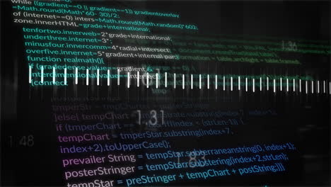 computer code and data processing animation over digital sound wave visualization